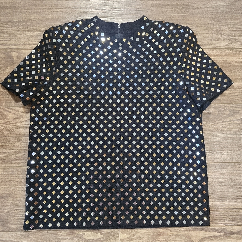 St.John Shirt M Black Knit Gold Silver Sequin Shoulder Pads Blouse Glam Vintage